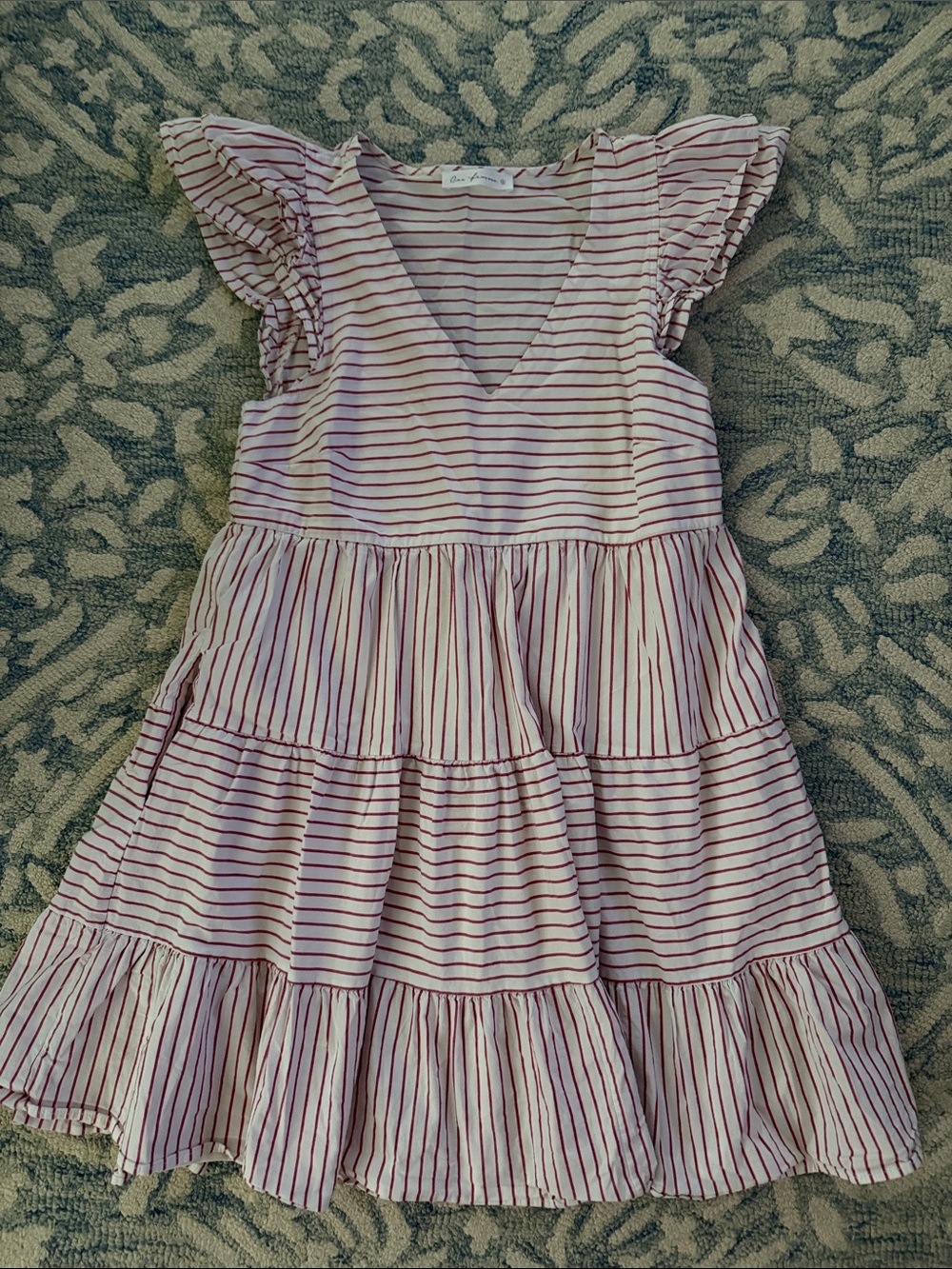 Ces Femme Pink and White Striped Tiered Dress with Flutter Sleeves